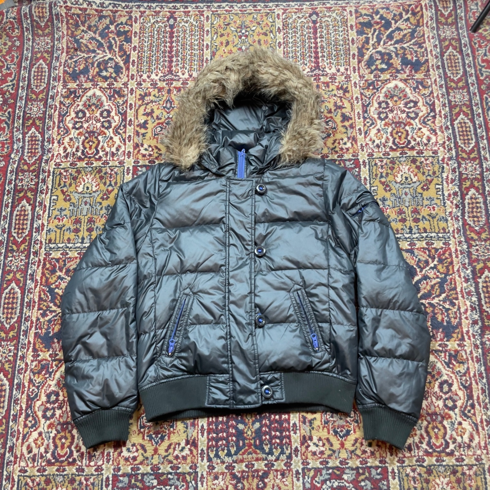 Vtg 2006 Love Black Cropped Puffer Bomber Jacket Fur Hood Zip Accent Down Fill M